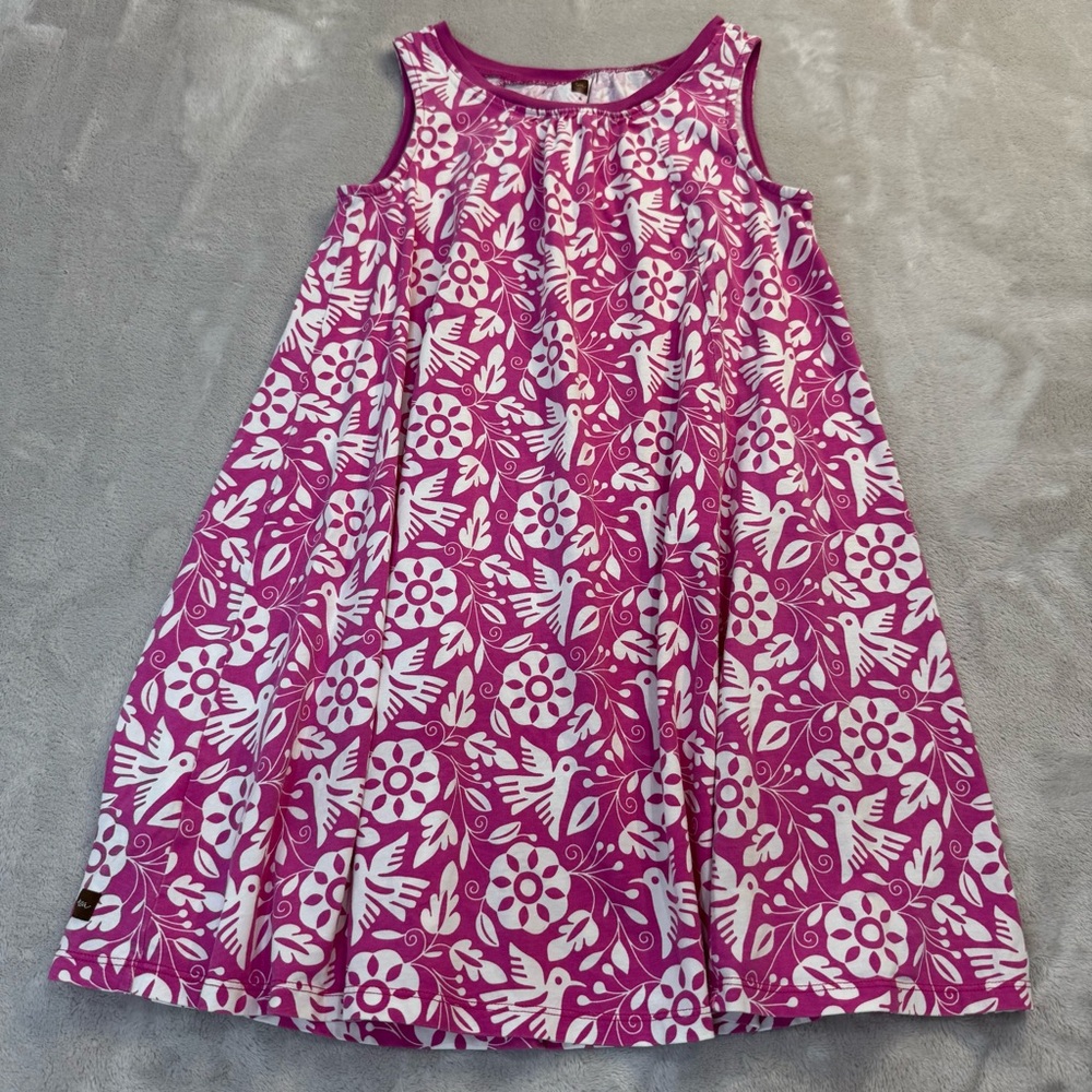 Tea Collection Sleeveless 100% Cotton Pink Floral Hummingbird Dress Size 8